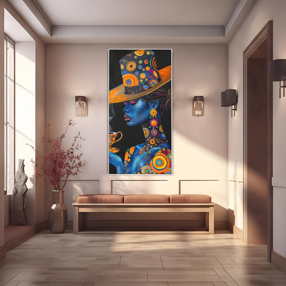 Tablou canvas cu tablou canvas cu portretul unei femei albastre, in rama de aluminiu argintiu